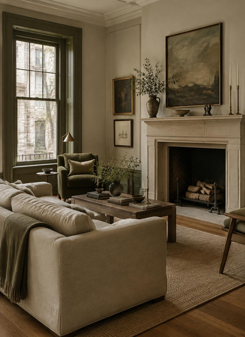 Quiet living room with a limestone fireplace, linen sofa and tall window